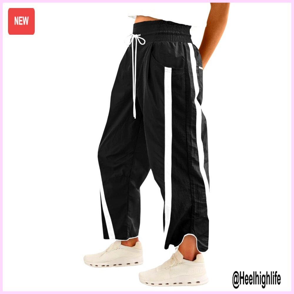 Baggy Wide Leg Track Pants Elastic Waist 7/8 Length Polyamide Activewear - Picture 1 of 7